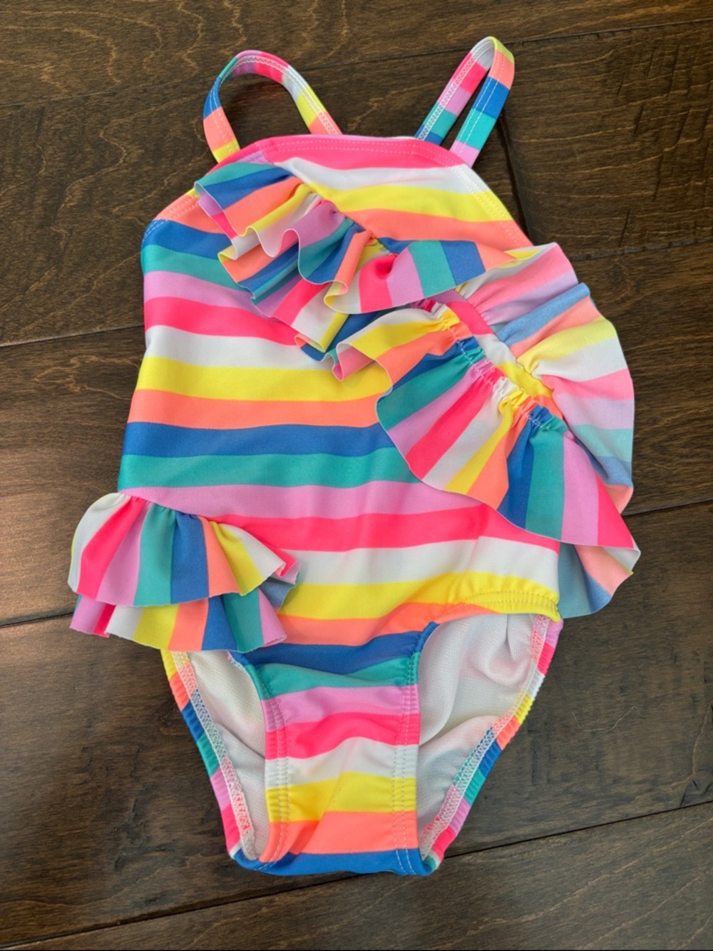 NWOT Cat & Jack Girls' Rainbow Stripe Ruffle One-Piece Swimsuit